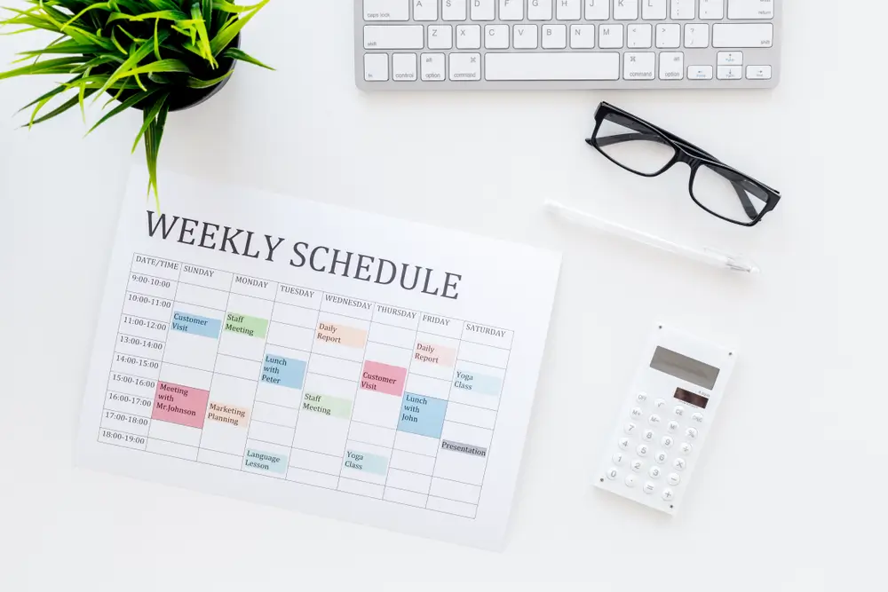 Photo of a workspace featuring a pair of glasses, calculator, potted plant, and printout of a weekly schedule.