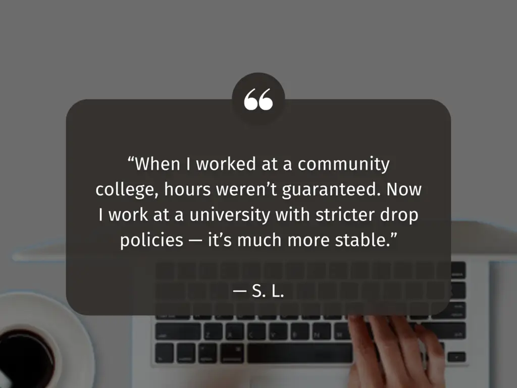 Photo of a hand on a laptop keyboard. Text reads: "When I worked at a community college, hours weren't guaranteed. Now I work at a university with stricter drop policies-- it's much more stable. --S.L."
