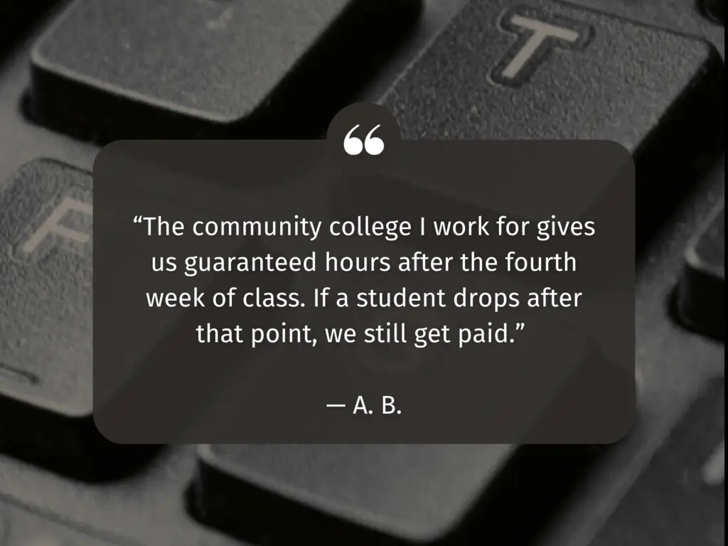 Closeup photo of laptop keys. Text reads: "The community college I work for gives us guaranteed hours after the fourth week of class. If a student drops after that point, we still get paid. --A.B."