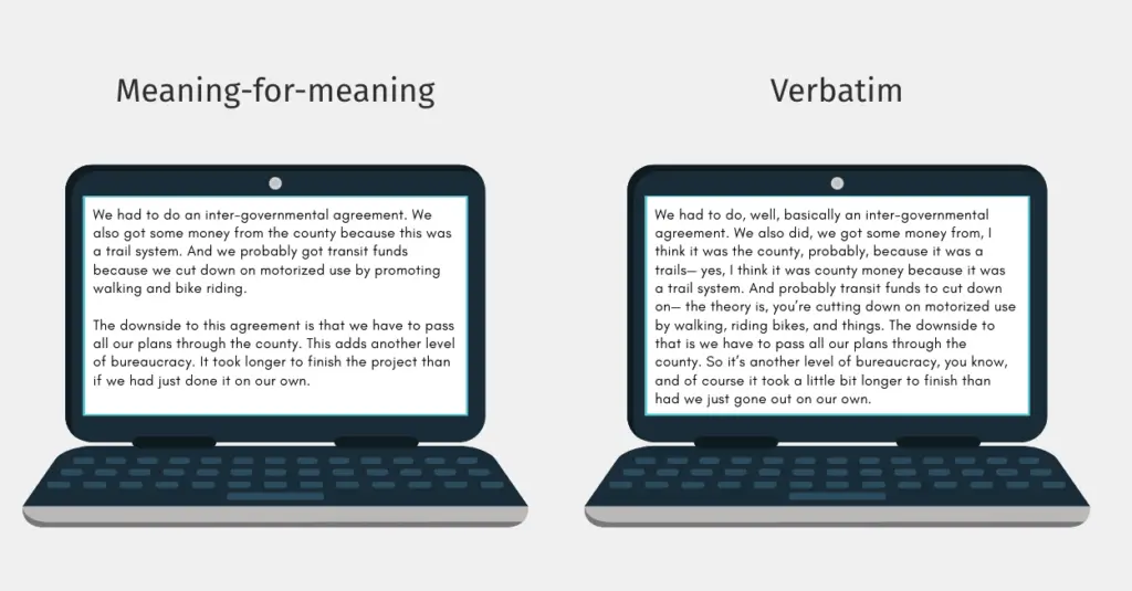 Side-by-side demonstration of meaning-for-meaning transcription vs. verbatim transcription